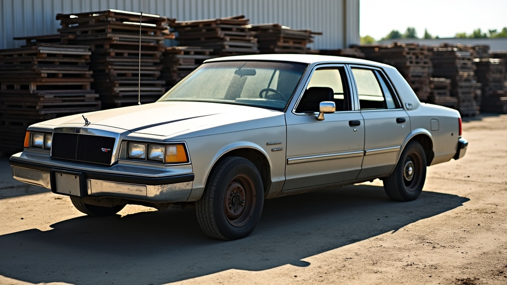 A weathered sedan in a sunlit junkyard with open doors, partially cleaned interior, and organized metal parts in the background.